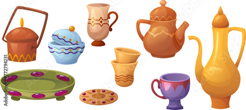 Arabic traditional crockery with symbols and ornament. Cartoon vector illustration set of oriental kitchen utensil with antique patterns - teapot and cups, bowls and plates, platter with decorations.