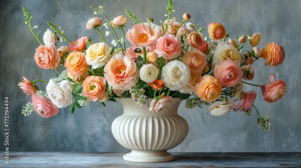 A white vase brimming with pink and orange blossoms rests atop a wooden table, adjacent to a gray wall A white vase brimming with pink and orange blossoms rests atop a wooden table, adjacent to a gray wall