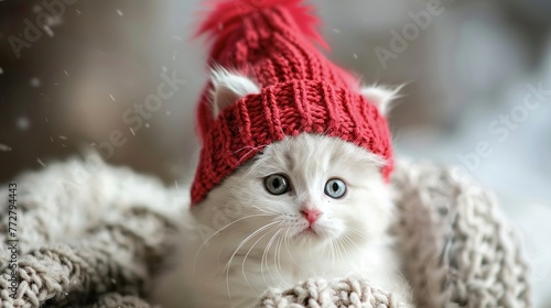 A little white kitty in a red knitted hat with a pompom