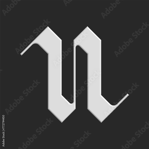 Gothic lowercase letter N serif logo creative initial volumetric shape, gray gradient typography bold mark design element, simple angular geometric shape.