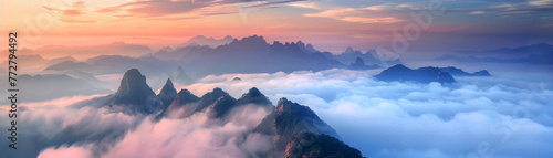 The serenity of mountains piercing through clouds at sunrise offers a breathtaking spectacle, a world above the world, untouched and tranquil. photo