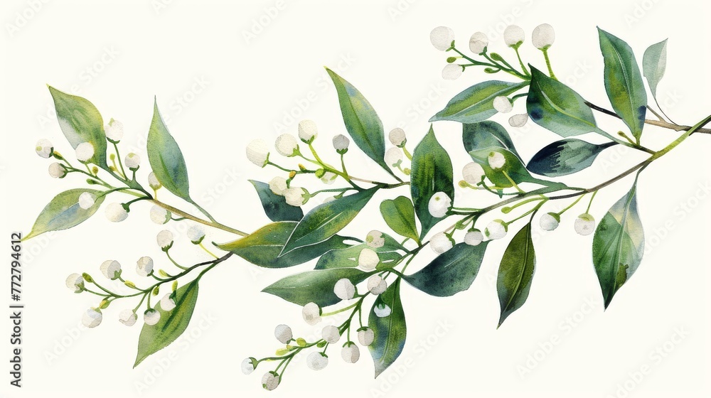 Delicate mistletoe branches in watercolor, their tiny white berries and soft green leaves isolated on white, inviting festive traditions