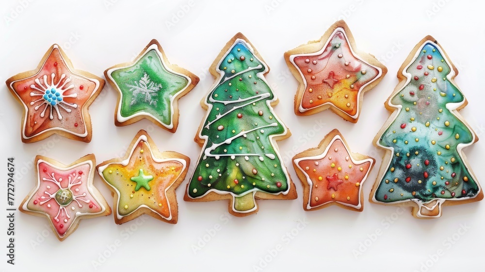 Delicate watercolor painting of holiday sugar cookies in the shapes of stars and trees, decorated with colorful icing, isolated on white