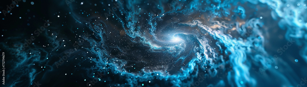 The swirl of a digital galaxy, particles aglow in soothing blues, offers a glimpse into the infinite possibilities of creation. - obrazy, fototapety, plakaty 
