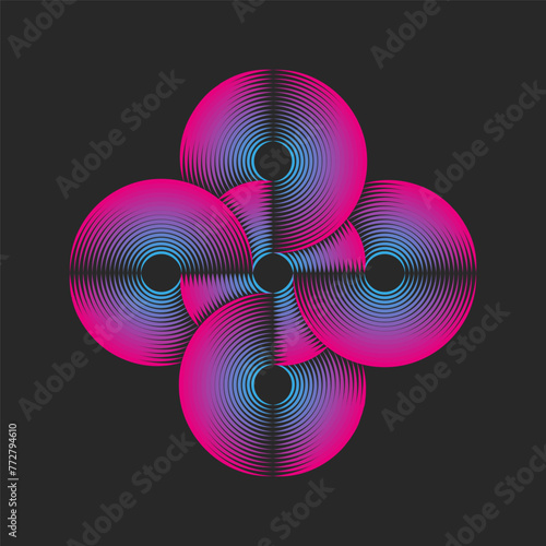 Circular psychedelic pattern logo featuring overlapping five circles, weaving thin parallel lines creating a grid abstract shape symbol. The 5 rounds form a mesh from a vibrant blue-pink gradient.