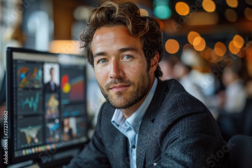 Young Male Executive Working Late at Contemporary Broadcast Control Room