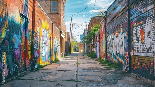 An urban alleyway adorned with colorful street art, each mural telling a story of creativity and expression, real photo