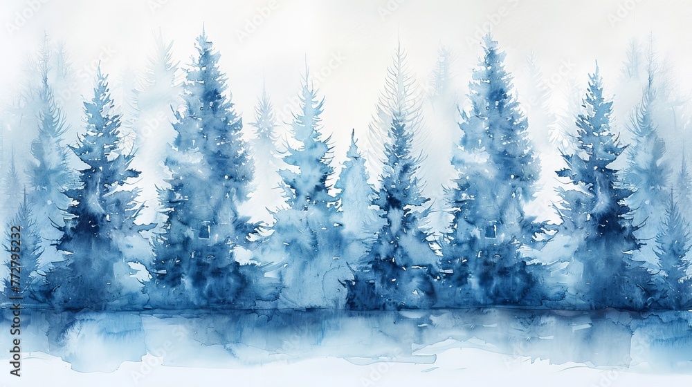Slender watercolor Christmas trees, icy blue and silver, shimmering with winters magic