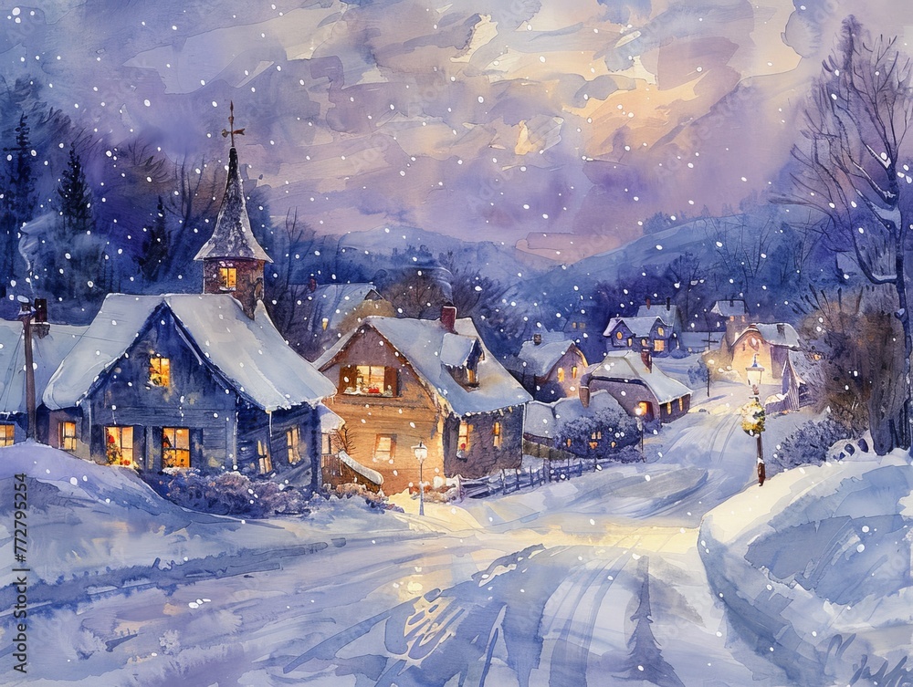 Snowy village at dusk in watercolor, soft blues and purples casting serene shadows, lights twinkling in cozy cottages