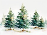 Slender watercolor Christmas trees, pine green with delicate frost tips, standing tall against a crisp white background