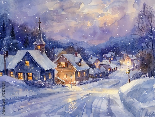 Snowy village at dusk in watercolor, soft blues and purples casting serene shadows, lights twinkling in cozy cottages © Pornarun