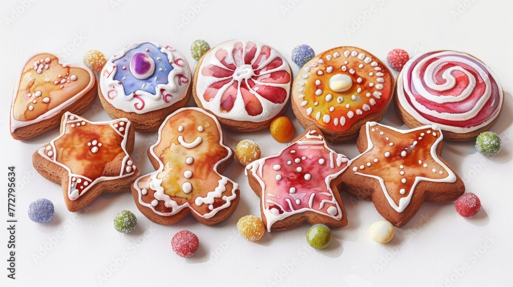 Watercolor illustration of gingerbread cookies, decorated with white icing and colorful candies, isolated on a white background