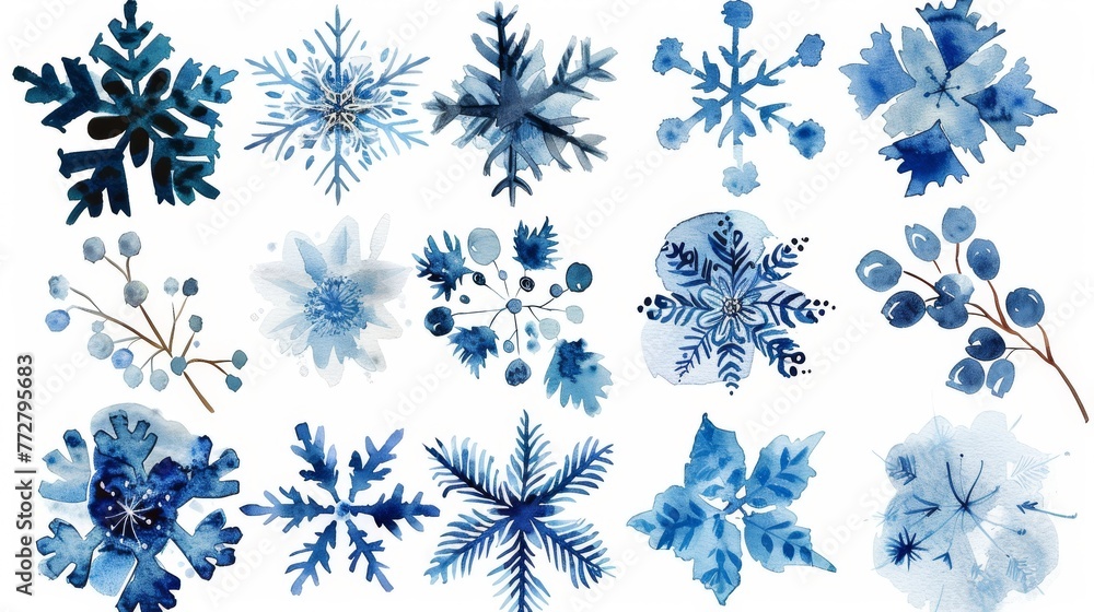 Watercolor snowflakes in shades of frosty blue and white, each design isolated, floating gracefully, reminiscent of a gentle winters day