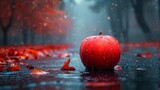   A red apple rests atop a water-streaked surface beside a rustling forest of scarlet foliage and umbrellas