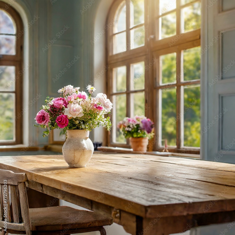 Rustic Elegance: Wood Table Adorned with Flowers by Beautiful Windows