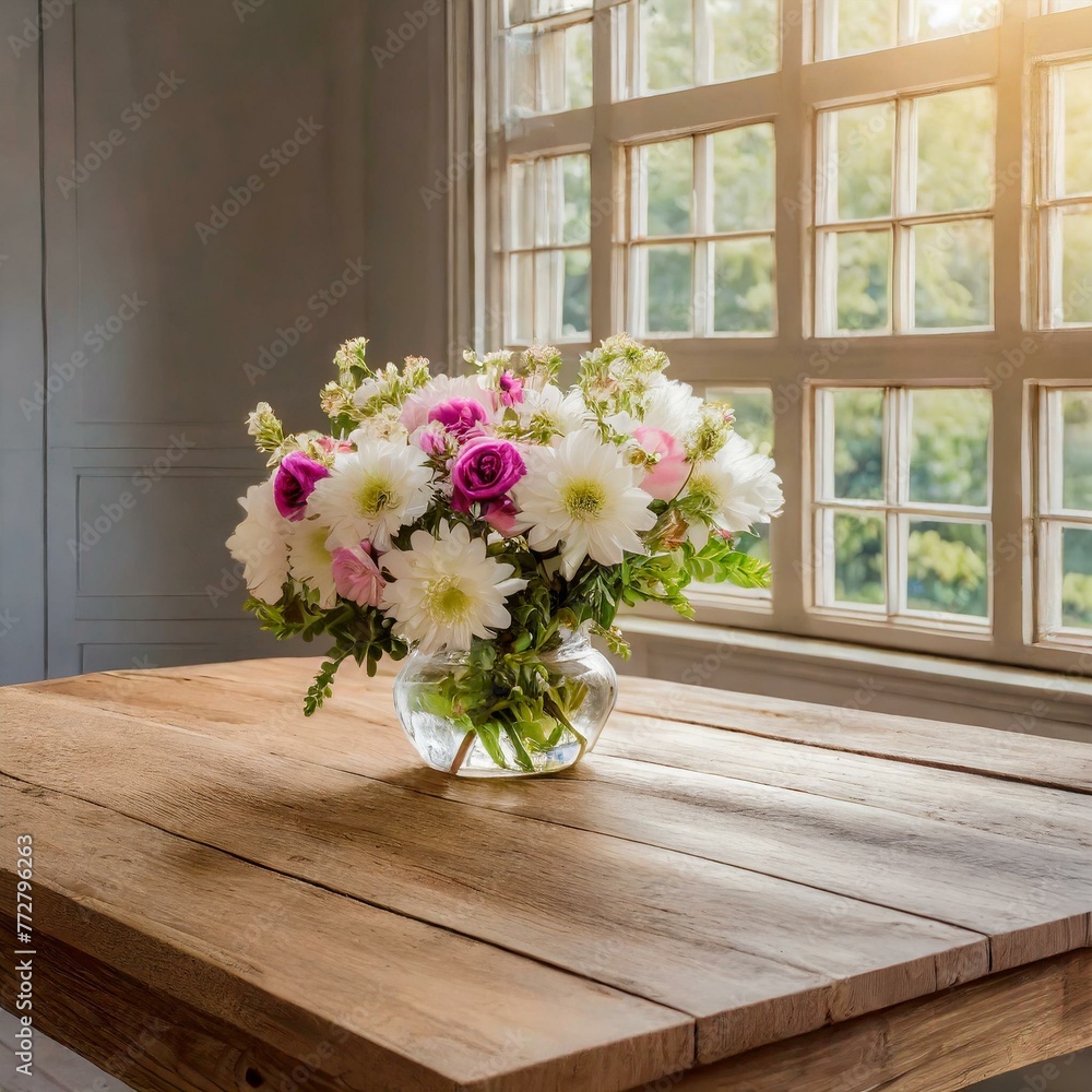 Rustic Elegance: Wood Table Adorned with Flowers by Beautiful Windows Rustic Elegance: Wood Table Adorned with Flowers by Beautiful Windows