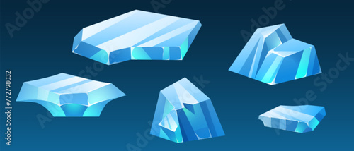 Ice floe blocks of different shape for north pole landscape. Cartoon vector illustration set of blue frozen glacier and snow crystal cube. Broken iceberg freeze chunk floating in sea or ocean.