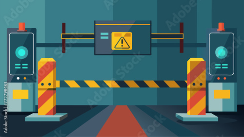 A closeup of an ARpowered safety barrier with digital barriers and markers projected onto the factory floor to prevent workers from entering