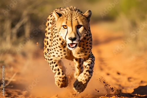 Cheetah face, Cheetah quickly runs burning, the fastest. Speed on fire, Cheetah running in National Park South Africa, Ai generated © Tanu