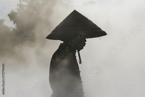 profile of warrior with a conical hat walking in the fog