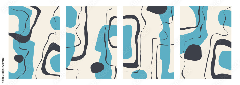 Set of abstract backgrounds with various curved black and blue colored shapes and lines for creative graphic design. Vector illustration.	