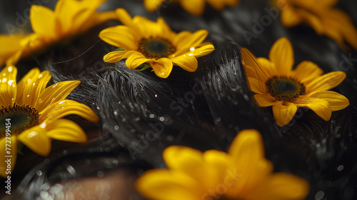 Zbliżenie na płatki kwiatów wplątane w farbowane kobiece włosy