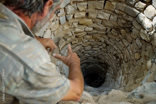 man inside a dry well, examining the stonework photo