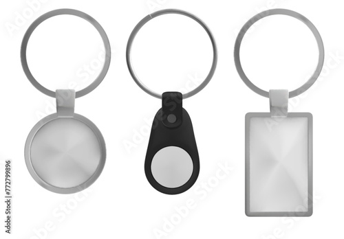 Silver blank key chair ring template vector design. Isolated metal keyring round mockup for branding, car lock or home. Rectangular empty frame tag and magnetic label for identity and advertising