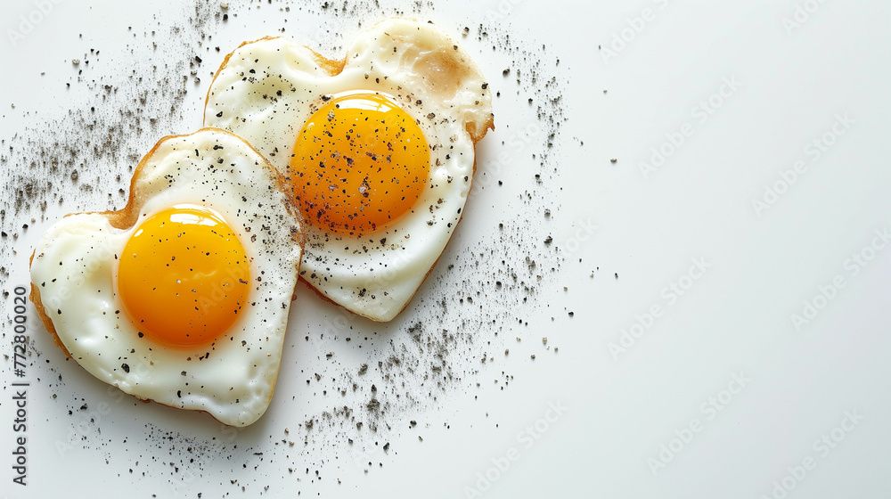 A fried egg with a sunny yellow yolk sits isolated on a white background. A fried egg with a sunny yellow yolk sits isolated on a white background.