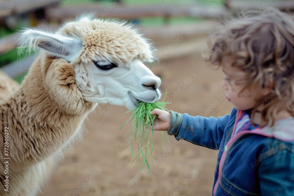 Fototapeta premium child feeding an alpaca with green grass in hand