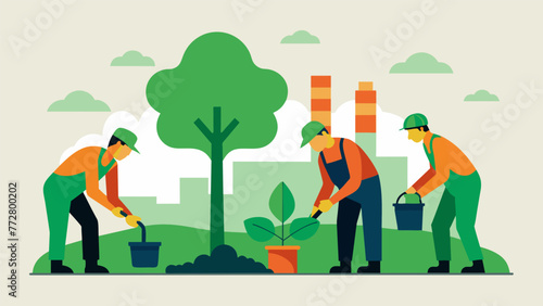 A picture of a group of workers participating in a treeplanting activity near a factory symbolizing the commitment to offsetting carbon