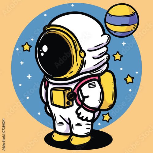Cute and funny astronaut cartoon character vector illustration in the space with stars and planet