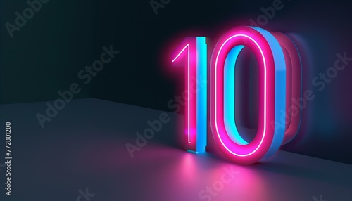 Neon number 10 illuminated in pink and blue. 3D digital art with neon lighting. Modern decor style