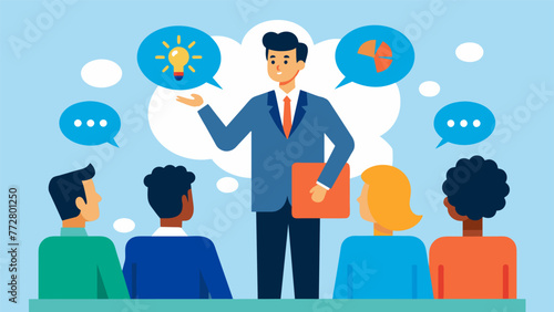 An employee confidently presenting their ideas to a group managing their nerves and reading the rooms emotions showcasing their emotional