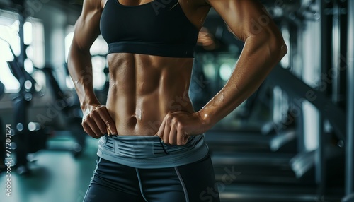 Female athlete with defined abdominal muscles. Studio fitness portrait. Health and fitness concept.