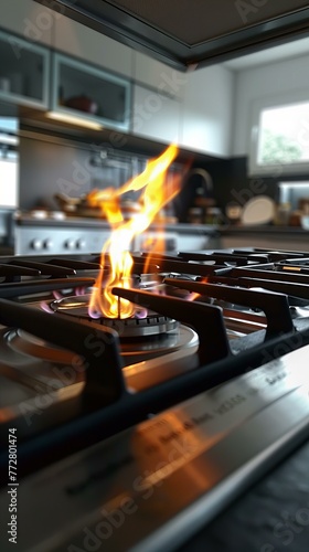 Gas stove burner with blue flame and a pot with food cooking, fiery kitchen action shot.