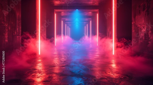 Illuminated neon tunnel with fog