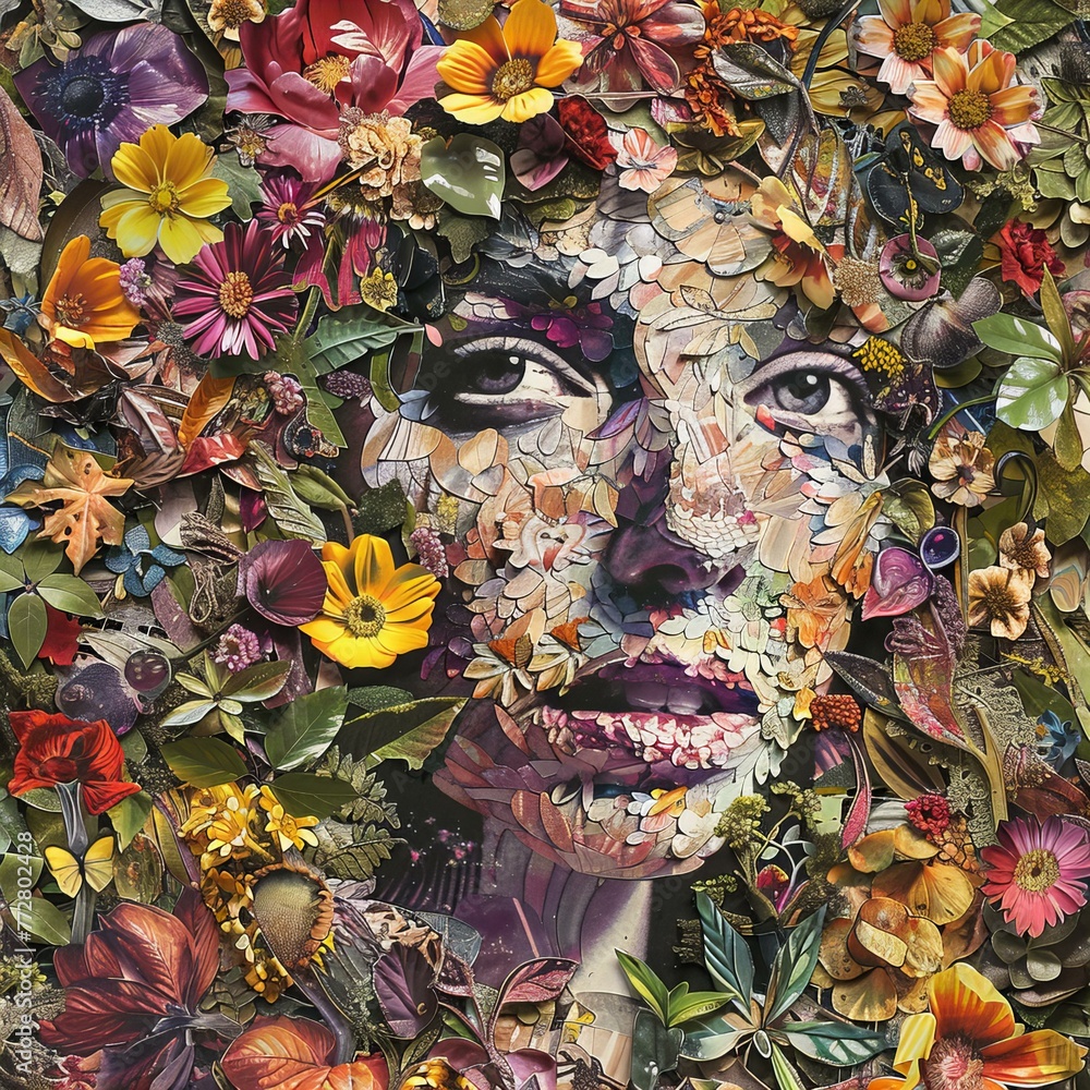 Collage of a woman's face with floral elements. Creative concept for beauty and nature.