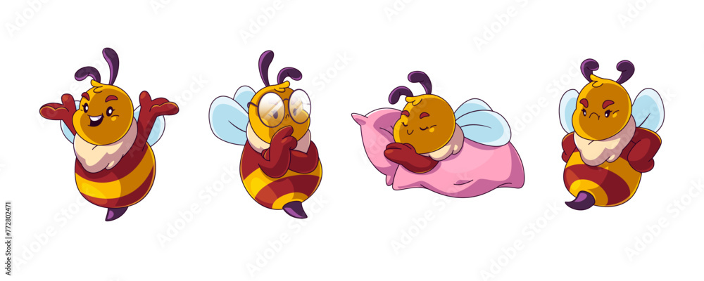 Obraz premium Cute baby bee cartoon character with different emotions and poses. comic vector mascot set of little honeybee happy and cheerful, angry and thoughtful in glasses, sleeping on pink pillow under blanket