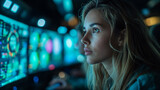 A young woman with blonde hair intensely observing multiple glowing screens in a dimly lit, high-tech control room