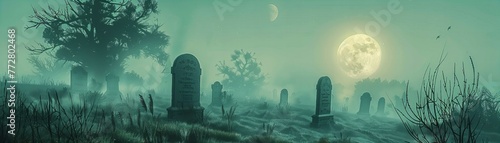 Haunted cemetery with fog under a full moon. Horror and gothic concept. Design horror movie poster