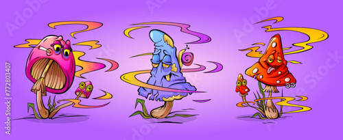 Funny groovy trippy mushroom with funky face emotions and smoke. Fantasy hippy psychedelic fungus. Cartoon vector illustration set of weird psilocybin trip plant for retro design. Crazy surreal shroom