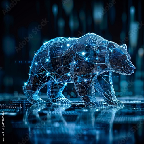 Bear market symbol, digital finance backdrop, icy blue neon, low angle view , clean sharp focus