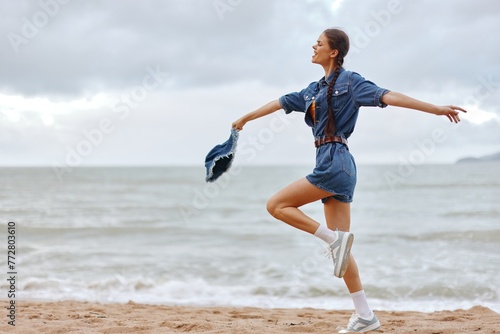 Active Summer: A Young Caucasian Woman Enjoying the Freedom of Running on the Beach, Feeling Healthy and Attractive.