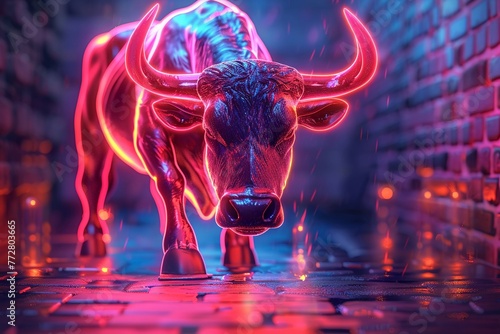 Bull market symbol, tech finance background, vibrant neon, low angle , clean sharp focus