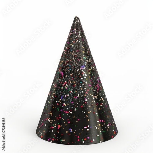 3D Render of a festive party hat adorned with glitter and confetti, on isolated white background, Generative AI