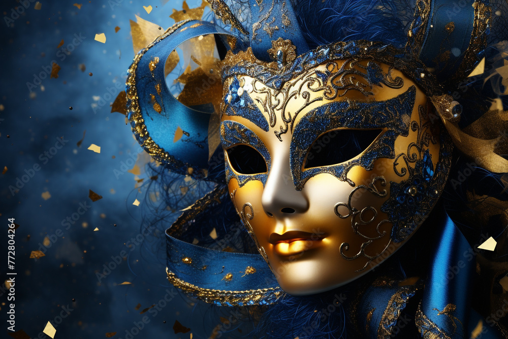 Gold masquerade mask in glitter pieces background. Deep blue and gold carnival mask. Festival and entertainment concept. Generative AI