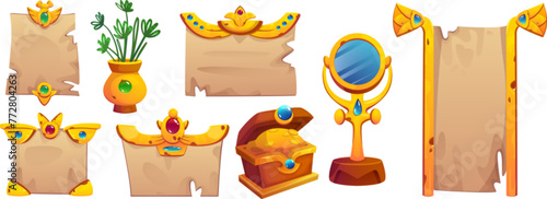 Egyptian game ui frames and assets. Cartoon vector set of ancient Egypt papyrus scroll and parchment with golden and gemstone decorative elements, chest with gold treasure, mirror and plant in vase.