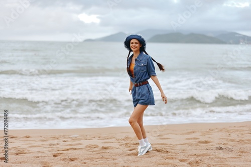 Blonde Beauty Enjoying Sunny Vacation on White Sand Beach