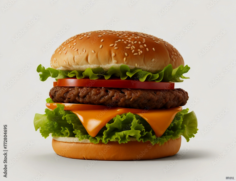 Cheeseburger with lettuce, tomato, onion, and melted American cheese Cheeseburger with lettuce, tomato, onion, and melted American cheese